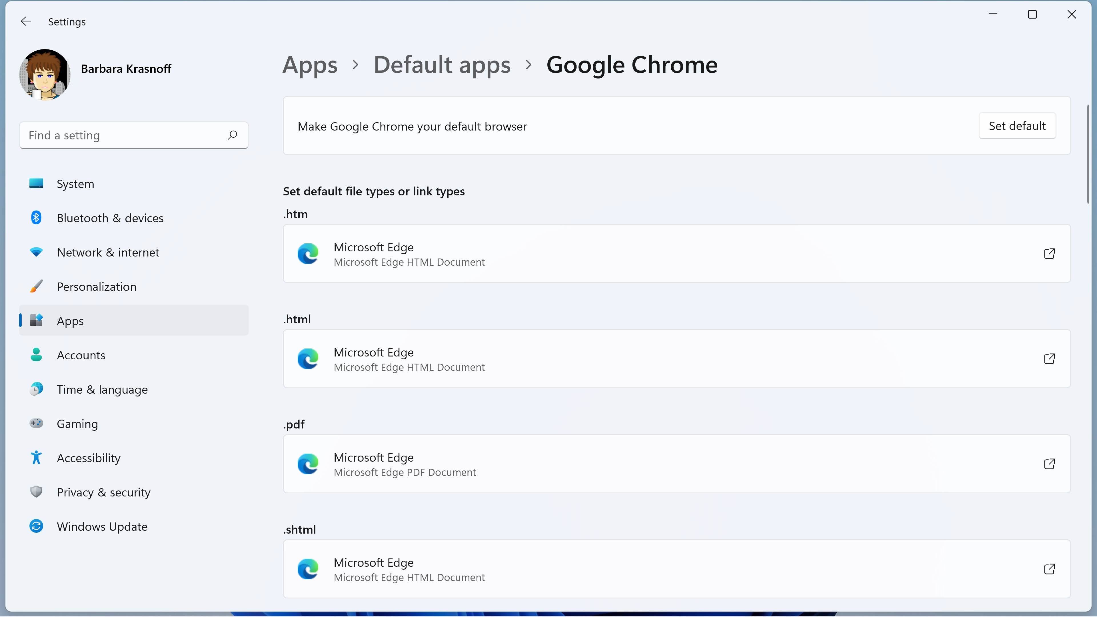 Windows 11 default browser settings screen laptop